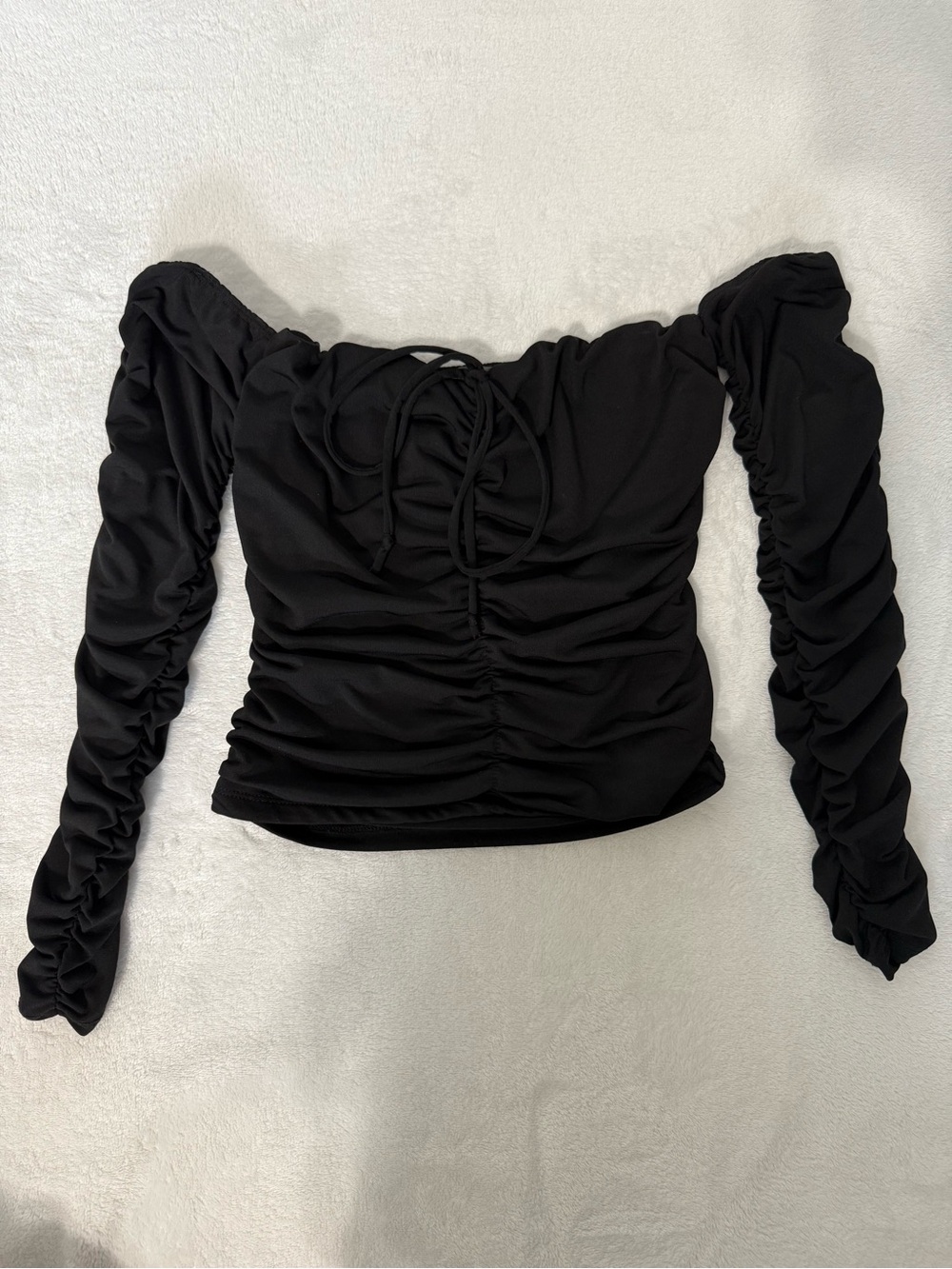 Ruched Off-Shoulder Long Sleeve Top - Black